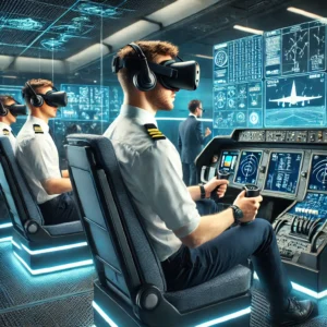 Pilots using virtual reality for advanced training in aviation simulators.