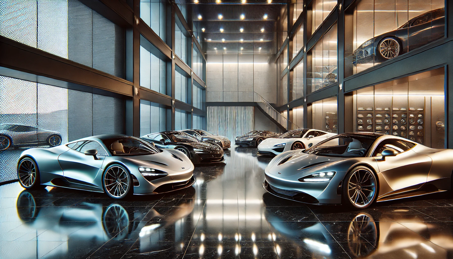 A collection of luxury cars parked in a secure showroom, representing estate planning for valuable automotive assets.