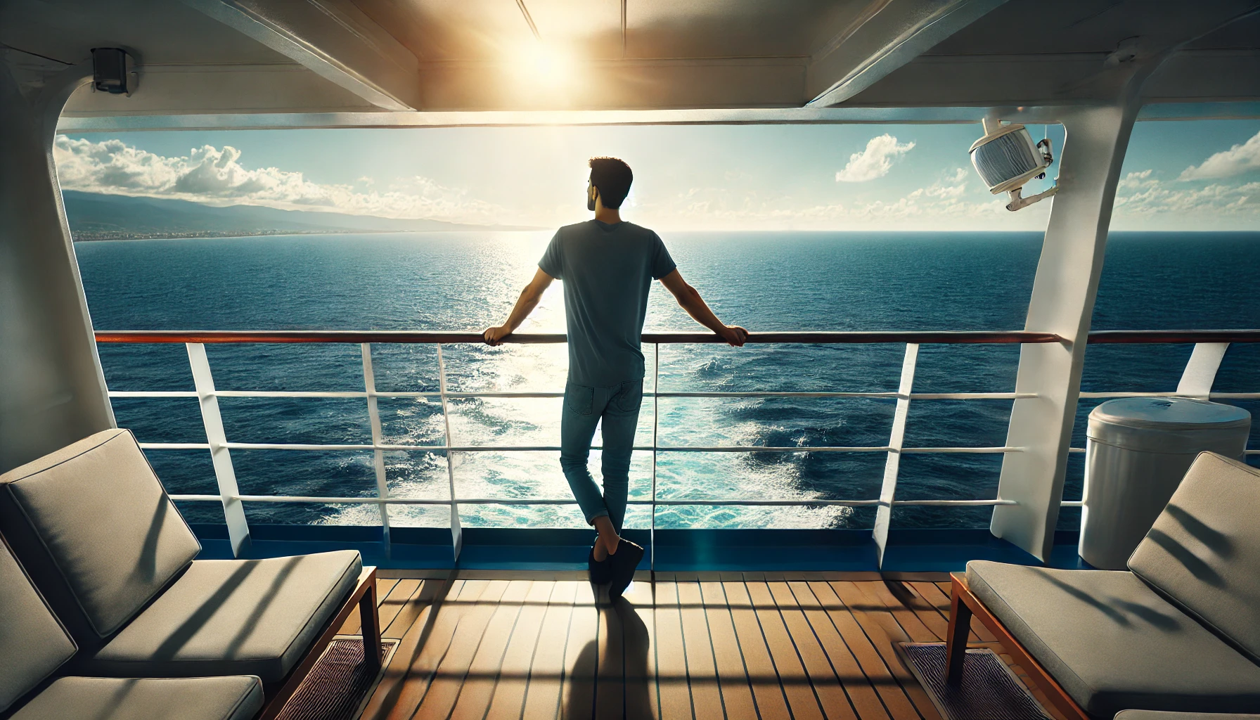 A traveler on a cruise ship looking at the ocean, symbolizing the importance of having cruise insurance for a worry-free journey.